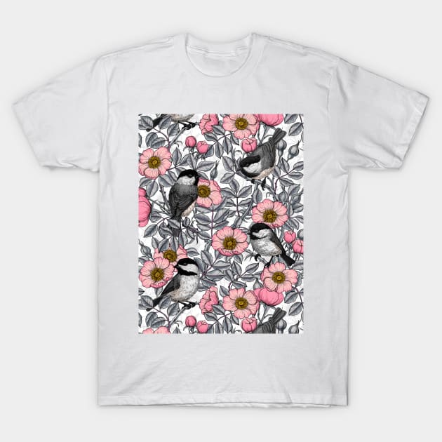 Chickadees in the wild rose, pink and gray T-Shirt by katerinamk